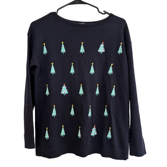 Talbots Navy Crew Neck Embroidered Christmas Tree Holiday Sweater SP Winter - Picture 2 of 11